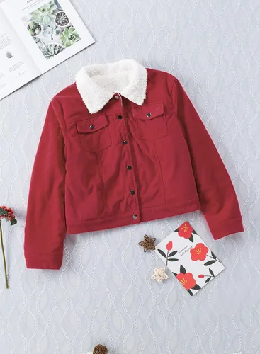 Vista 5 de SHEWIN Chaquetas casuales de pana Sherpa para mujer, de manga larga, con botones, de forro polar, con solapa