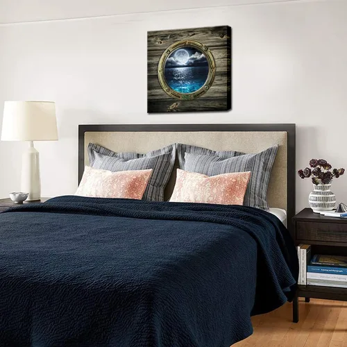 Vista 4 de Biuteawal - Marco de ventana estilo hermosas vistas del paisaje marino, arte de pared de luna, mar, océano, paisaje, pinturas en lienzo para sala