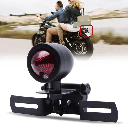 Vista 6 de DREAMIZER Luz trasera de motocicleta negra de 12 V, lámpara de parada de freno con soporte para placa de matrícula compatible con Bobber Chopper