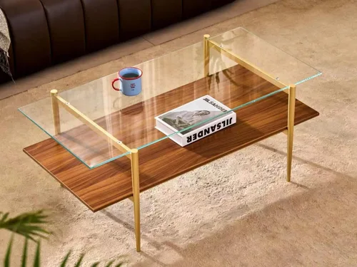 Vista 14 de Shrine - Mesa de café rectangular, diseño moderno de mediados de siglo, estructura de 2 niveles, parte superior de vidrio ámbar y estante de MDF