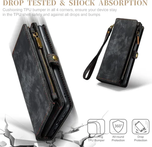 Vista 7 de Asuwish Funda de teléfono para Samsung Galaxy S10 con cremallera, funda desmontable con protector de pantalla de vidrio templado y tarjetero Negro