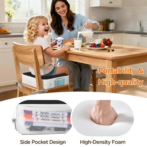 Vista 3 de Asiento elevador para silla de cocina, cojín de asiento elevado para niños Mesa de comedor de PU para niños pequeños con lazos y bolsillos