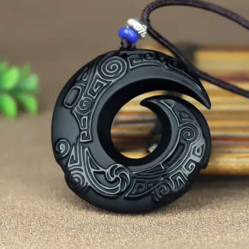 Vista 3 de caiyufeng Natural Boutique - Colgante de obsidiana de la suerte con cadena de cuentas joyería para hombre colgante de jade color negro Madera