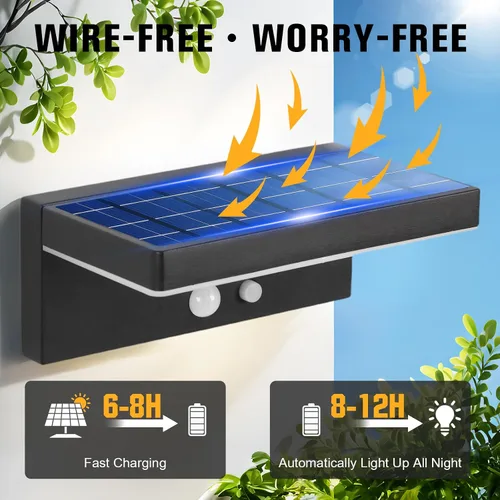 Vista 5 de Luces Solares con Sensor de Movimiento para Exteriores, 2 Unidades - 600 Lúmenes, 3 Modos, IP44, Impermeables, Luz de Pared Solar de Aluminio