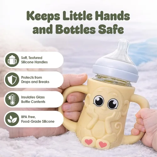 Vista 4 de Funda de silicona para botella de vidrio natural Philips Avent de 8 onzas Protector contra caídas + asas de fácil agarre Material seguro sin BPA