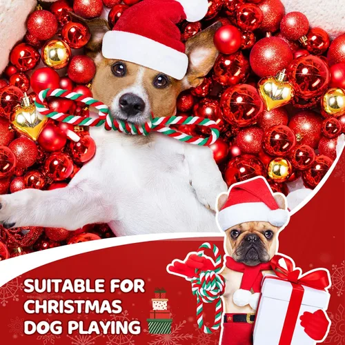 Vista 2 de Zubebe 16 piezas de cuerda de Navidad para perros, juguetes de Navidad para masticar perros, juguetes interactivos clásicos para Navidad, perros