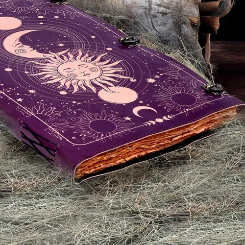 Vista 5 de Diario Impreso Sun & Moon, Diario Rayado Antiguo Hecho a Mano con Borde Barbado, Cuaderno de Cuero, Cuaderno de Bocetos de Cuero, Diario