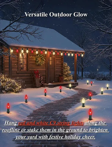 Vista 8 de Luces de Navidad C9 rojas y blancas de 25 pies, cadena de luces de Navidad C9 impermeables con 26 bombillas rojas y blancas, luces de Navidad