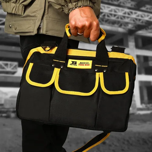 Vista 6 de Bolsas de herramientas de 13 pulgadas con parte inferior suave impermeable, múltiples bolsillos de boca ancha para herramientas con correas