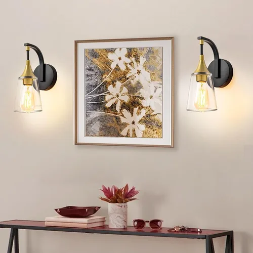 Vista 7 de Lámpara de pared de baño de 1 luz, lámpara de pared negra y dorada con pantalla de vidrio transparente, lámpara de pared moderna para interiores
