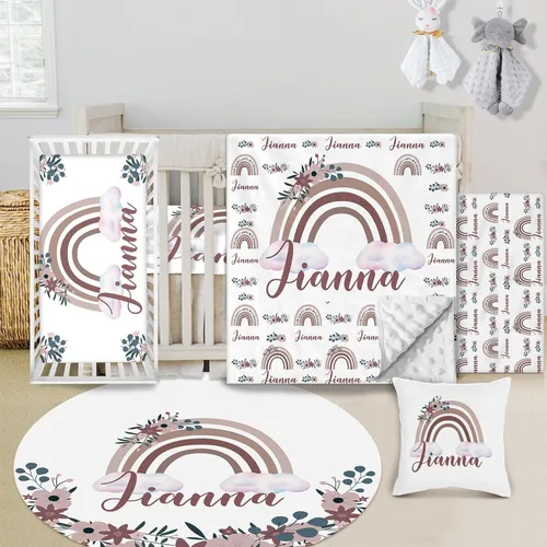 Vista 8 de Juego de ropa de cama personalizado para cuna de bebé, juego de 5 piezas para cuna de bebé, diseños de arcoíris, manta con nombre personalizado