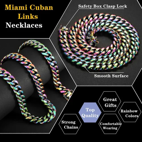 Vista 2 de Rowin&Co Mens Chunky Miami Cuban Link Chain - Rainbow Multicolor Stainless Steel Curb Necklace, Nickel-free, Colorful Chains, Hip Hop Jewelry Choker