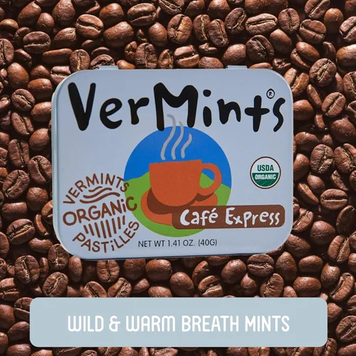 Vista 4 de VerMints Mentas Orgánicas Café Express - Ingredientes Reales, Sabor a Café Duradera - Latas de Tamaño de Viaje - Caramelos de Café Sin OMG, Sin