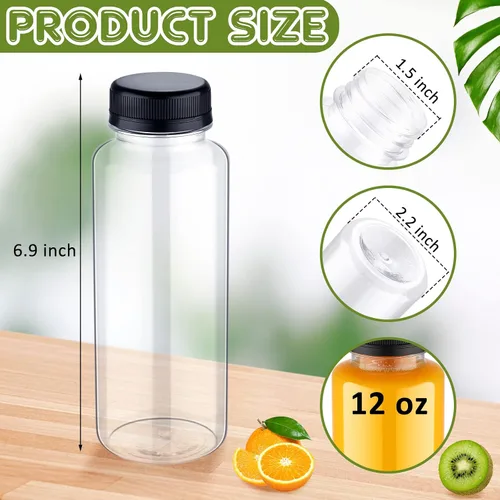 Vista 2 de Thenshop 24 botellas de plástico de 12 onzas con tapas, botellas de plástico desechables de PET transparentes con tapas negras a prueba