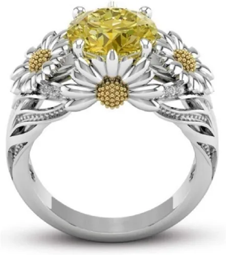 Vista 5 de Lzz Fashion Lady - Anillo de plata de ley 925 de 3,5 quilates, citrino, margarita, circonita cúbica, flor de girasol, anillo de boda, tamaño 6-10