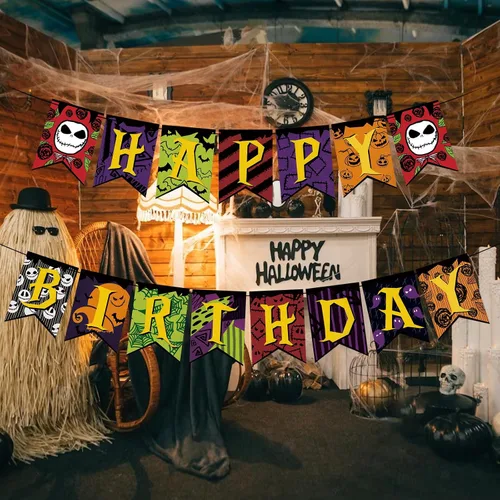 Vista 3 de Cartel de cumpleaños de Jack Skellington y decoración de pastel de cumpleaños de Jack Skellington para Halloween, pesadilla de terror, Navidad