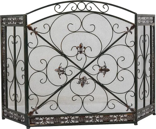 Vista 10 de Deco 79 Pantalla de metal para chimenea, plegable, arqueada, 3 paneles con detalles de flor de lis, 52 x 1 x 31 pulgadas, color negro