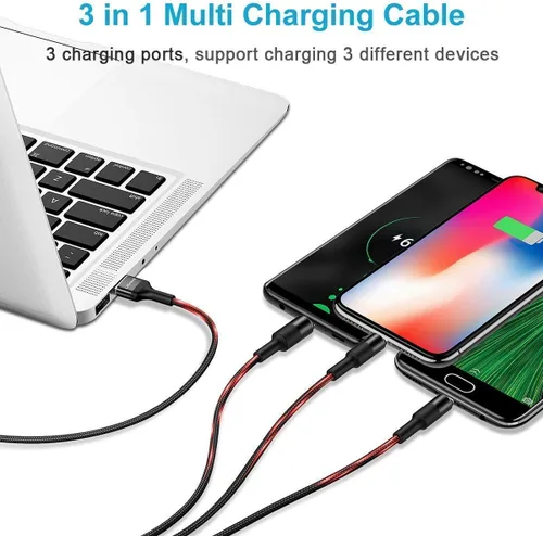 Vista 3 de USAMS Paquete de 2 cables de carga múltiple, cable de carga múltiple USB trenzado de nailon 3 en 1 de 5 pies, cable de carga rápida compatible