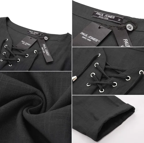 Vista 7 de PJ PAUL JONES Men's Linen Henley Shirt Long Sleeve V Neck Lace Up Renaissance Shirt Yoga Top
