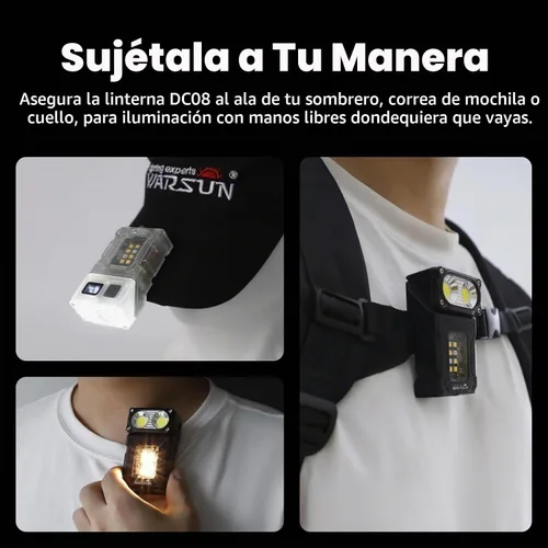 Vista 4 de WARSUN DC08 linterna LED recargable giratoria, luz de trabajo mini de 800 lúmenes, pequeña linterna EDC con clip para la espalda, linterna Negro