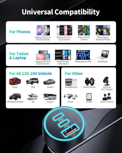 Vista 5 de Cargador de coche tipo C súper rápido de 67 W y 3 puertos USB C para Samsung Galaxy S25 S24 S23 S22 S21 Ultra, iPhone 17/Air/16/15 Pro Max, Android