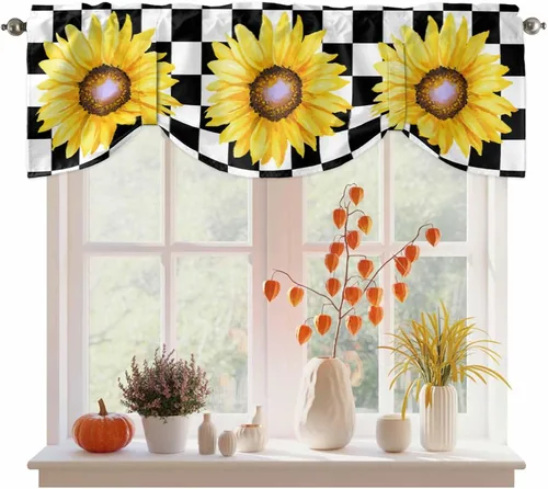 Vista 23 de Cenefas de girasol para ventanas de cocina, cenefa de cortina de granja, cortinas cortas de girasol de acuarela, cenefas con bolsillo para barra