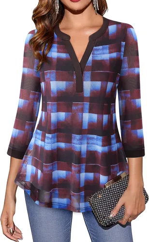 Vista 26 de Timeson - Blusas de manga de 3/4 para mujer, estilo casual, con cuello en V, camisas largas de vestir de doble capa, de malla Negro