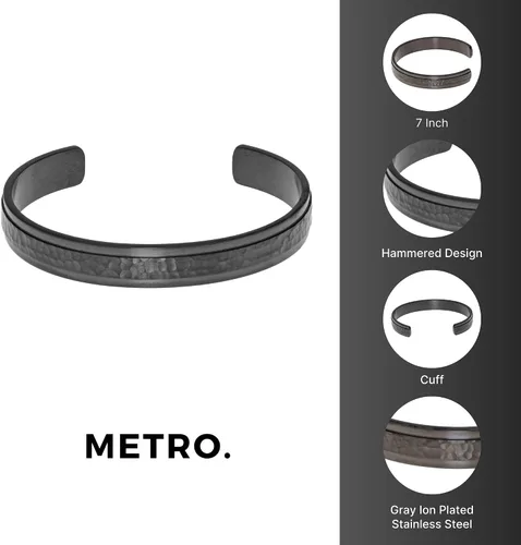 Vista 4 de Metro Jewelry Brazalete martillado de acero inoxidable para hombre con chapado iónico gris, 8.5 pulgadas de largo, 0.394 in de ancho, 8,5 pulgadas