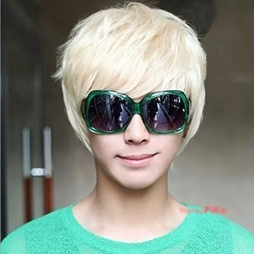Vista 2 de ESUPPORT Mens Boys Short Straight Platinum Blonde Wig Cosplay Party Costume