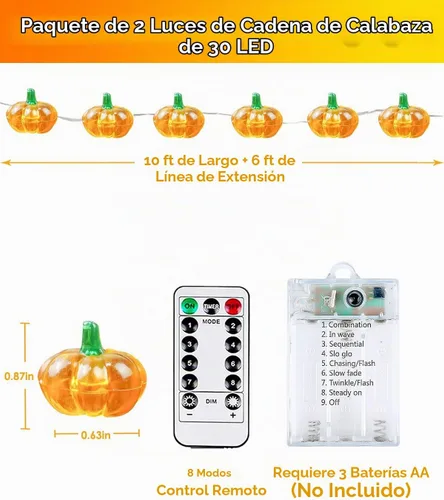 Vista 5 de Paquete de 2 guirnaldas de 30 luces LED de calabaza para decoración de otoño, funciona