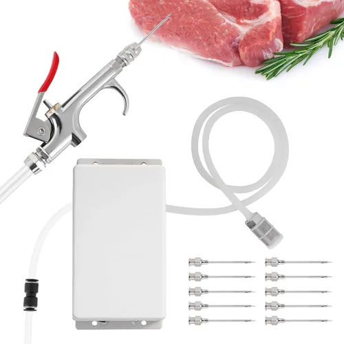 Vista 10 de Bomba eléctrica inyectora de carne con manguera, jeringa inyectora de marinada de acero inoxidable de 70 W con 10 agujas para barbacoa, pavo, cerdo