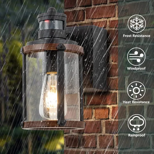Vista 9 de Luces de pared para exteriores con salida GFCI, luces de porche con sensor de movimiento para casa, 3 modos, accesorio de luz exterior del atardecer