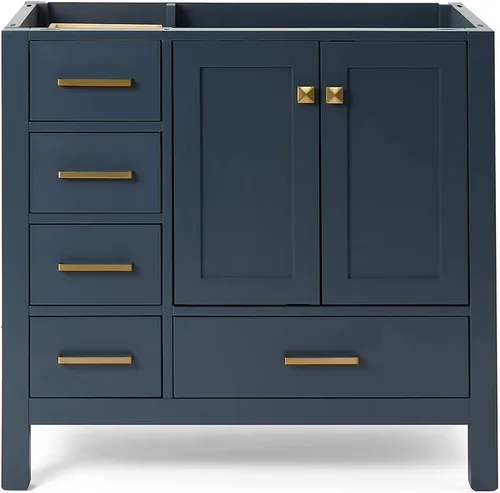 Vista 36 de ARIEL Cambridge Mueble base de tocador de baño de 36 pulgadas, madera maciza, 2 puertas de cierre suave, 5 cajones de cola de milano, roble marrón