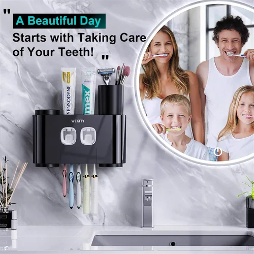 Vista 2 de Portacepillos de Dientes, Portacepillos de Dientes Multifuncional Montado en Pared, Dispensador de Pasta de Dientes para Baño con 2 Exprimidores