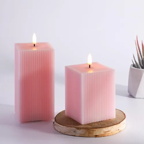 Vista 4 de Velas sin llama rosas con control remoto, velas LED cuadradas con nervaduras, juego de 2, velas alimentadas por batería parpadeantes, cera real, Φ