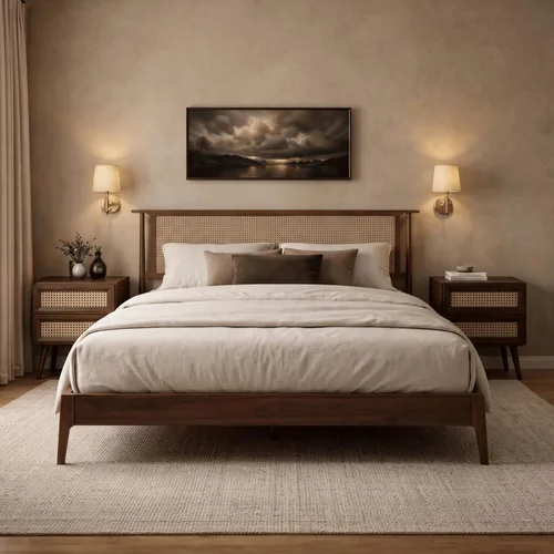Vista 8 de NTC Marco de Cama de Madera Ruby con Cabecero y Ratán Natural, Base de Madera Sólida de Roble/Caucho con Listones Silenciosos, Capacidad de 1000
