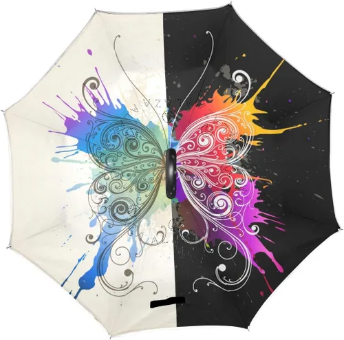 Vista 2 de MRMIAN - Paraguas de lluvia con diseño de mariposa y mariposa, resistente al viento, invertido, con mango de gancho c