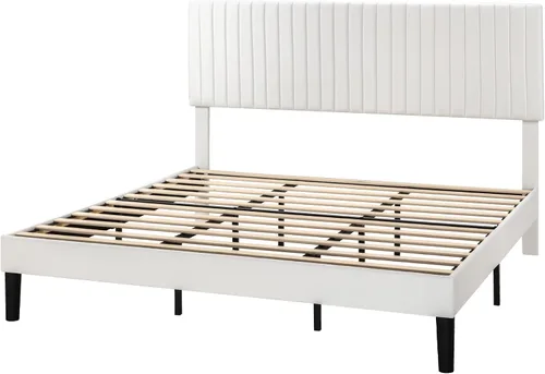 Vista 7 de HOOMIC Base de cama de plataforma tamaño King, cama tapizada de terciopelo moderno con cabecera capitoné de canal vertical ajustable, soporte