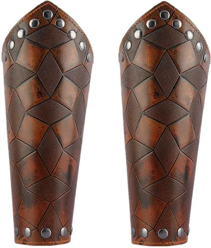 Vista 2 de Jeilwiy Armadura de cuero sintético medieval guanteletes pulsera vikingos protectores de brazo LARP accesorios brazo ancho brazalete brazalete