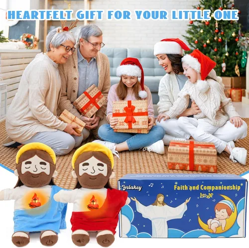 Vista 4 de Yelakey Muñeco de Jesús de Peluche Relajante con Luz y Sonido, Muñeco de Jesús Respirante de 15" de Peluche Suave Cristiano Católico Regalo Azul