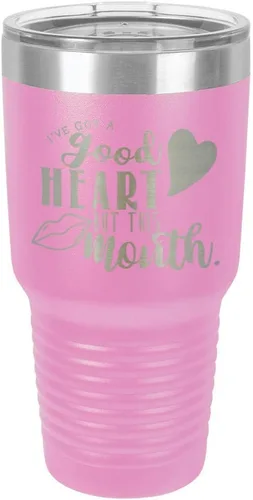 Vista 21 de Taza de viaje de acero con recubrimiento de polvo grabado por láser, con texto en inglés "IVE GOT A GOOD HEART BUT THIS MOUTH Engraved 30oz Taza