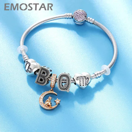Vista 7 de Forever Friends - Juego de dijes para pulseras Pandora, oro rosa para niña sentada en la media luna y mejores amigos, juego de joyas en plata de ley