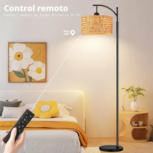 Vista 4 de QIYIZM Lámpara de pie para sala de estar, dormitorio, estilo granja, arco, ratán, boho, lámpara de pie con control remoto regulable, pantalla
