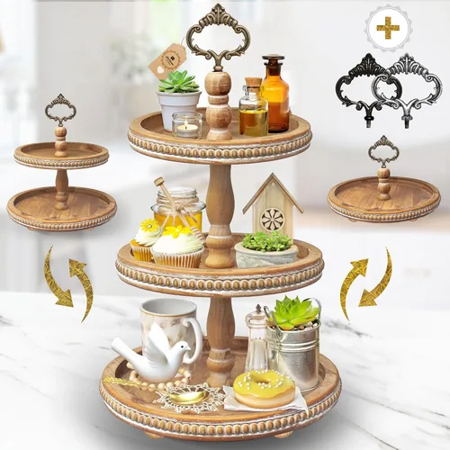 Vista 12 de Bandeja de madera de 2 niveles con soporte de servicio por Felt Creative Home Goods. Bandeja pequeña con detalle de cuentas para decoración