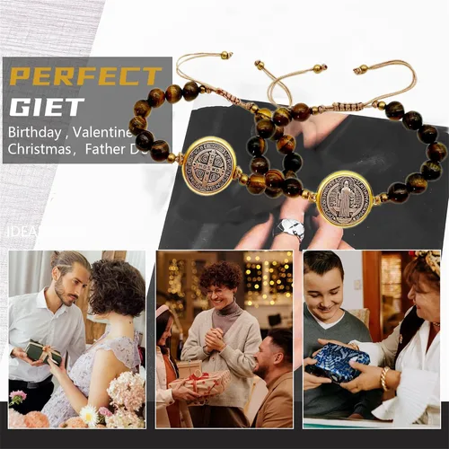 Vista 8 de 2 piezas Pulsera de San Benito Pulsera de Ojo de Tigre Medalla de San Benito Católica Medalla de San Benito