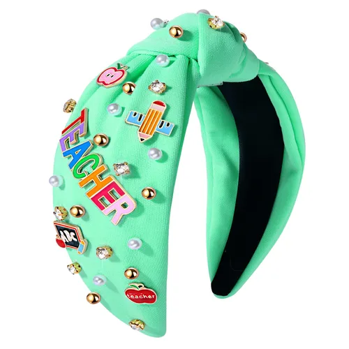 Vista 14 de Diademas para profesoras, diadema anudada con perlas de cristal para mujer, lindo libro para enseñar, adornado con nudo superior, regalos