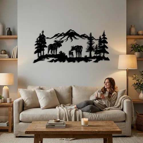 Vista 3 de Arte de pared de metal, arte de alce, arte de pared natural, decoración de árbol, decoración de pared para el hogar y sala de estar