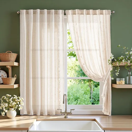 Vista 11 de jinchan Cortinas de lino floral beige para cocina, 24 pulgadas, 2 paneles A Beige