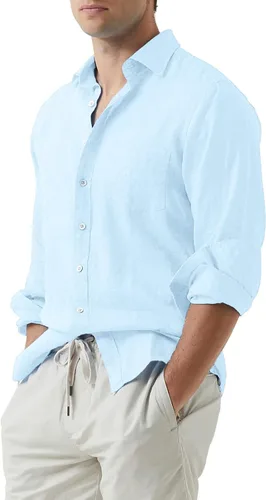 Vista 2 de JMIERR Camisa de vestir de manga larga con botones y lino de algodón para hombre
