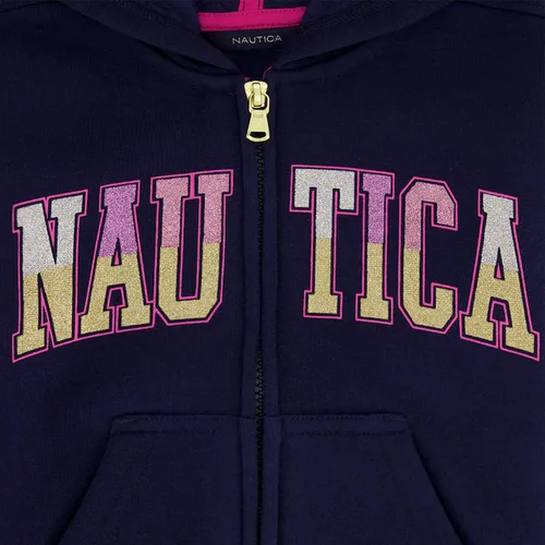 Vista 2 de Nautica Sudadera con logotipo para niña, sudadera con capucha de forro polar con cremallera frontal completa y bolsillos